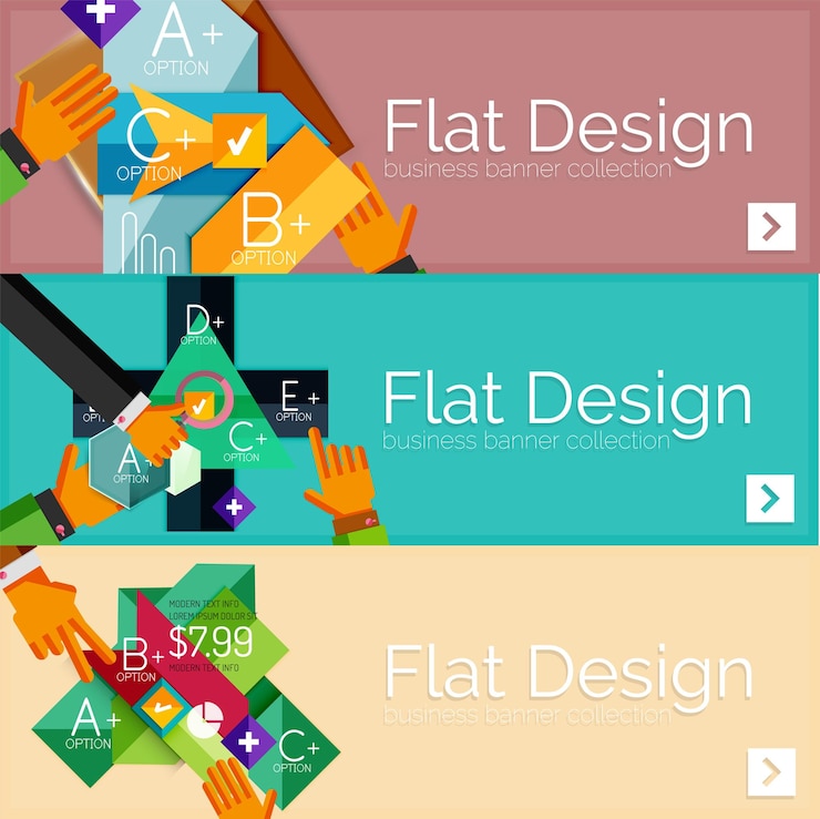 Vector banners infográficos vectoriales de diseño plano con infografías geométricas