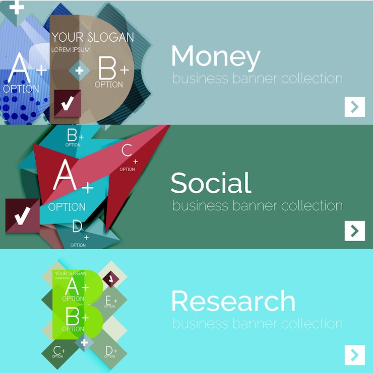 Vector banners infográficos vectoriales de diseño plano con infografías geométricas