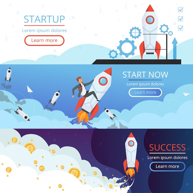 Banners de inicio. Nueva idea o lanzamiento creativo de un cohete o símbolo de lanzadera de las primeras imágenes del concepto de vector de proyecto