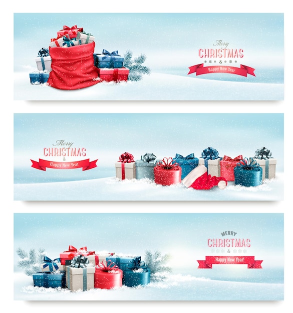 Banners de invierno de Navidad con regalos. Vector.