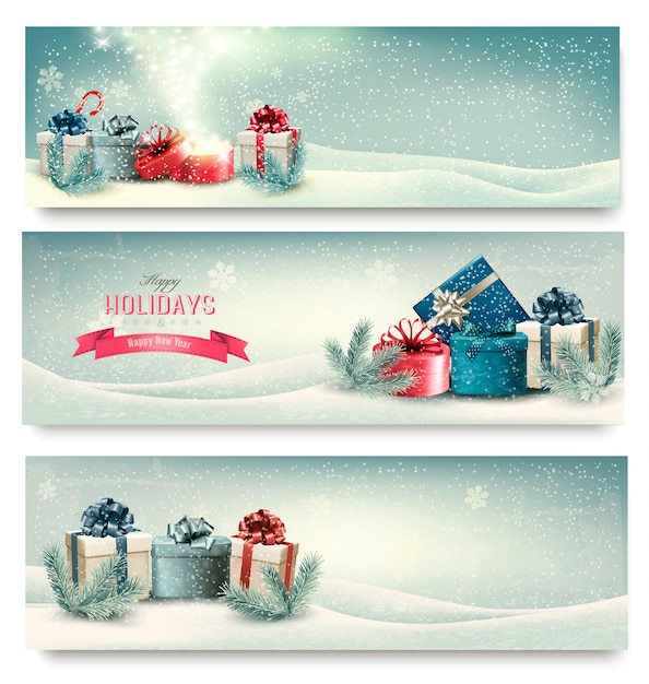 Banners de invierno de navidad con regalos.