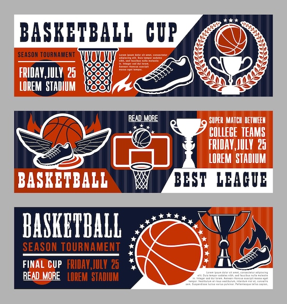 Banners de juego de deporte de baloncesto con campo y pelota