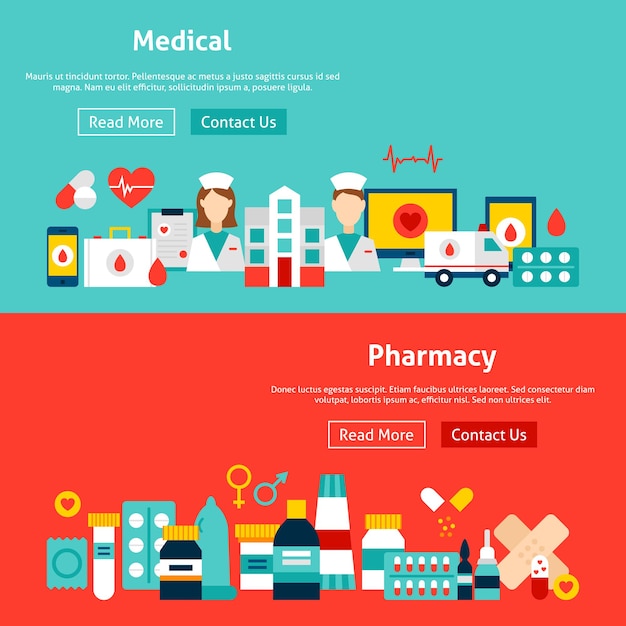Banners de medicina del sitio web. Ilustración de vector de encabezado web. Diseño plano de salud.