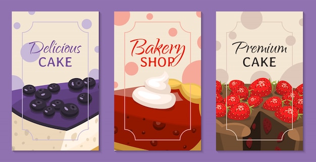 Banners de menú de la tienda de repostería. postres de chocolate y afrutados para pastelería dulce con cupcakes