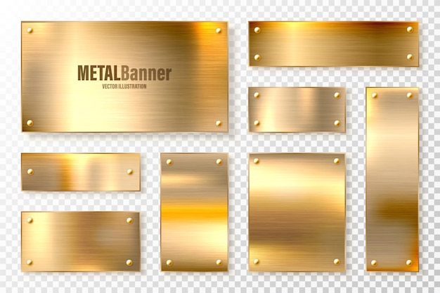 Banners metálicos brillantes realistas establecidos con placa de acero cepillada y vector de superficie de metal de cobre pulido