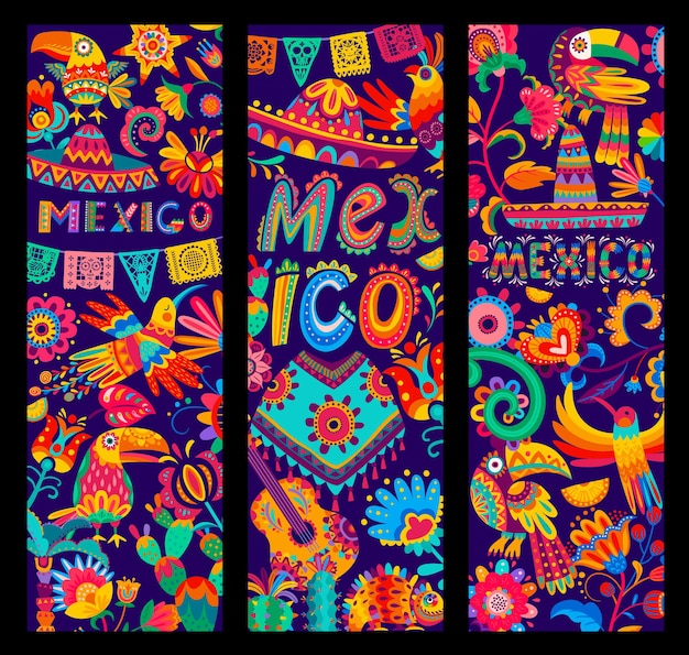 Banners mexicanos con sombrero, poncho y guitarra, loro y tucán, flores y cactus, vector. México alebrije craft art o patrón de papel picado para fiesta mexicana, pájaros, camaleones y calaveras