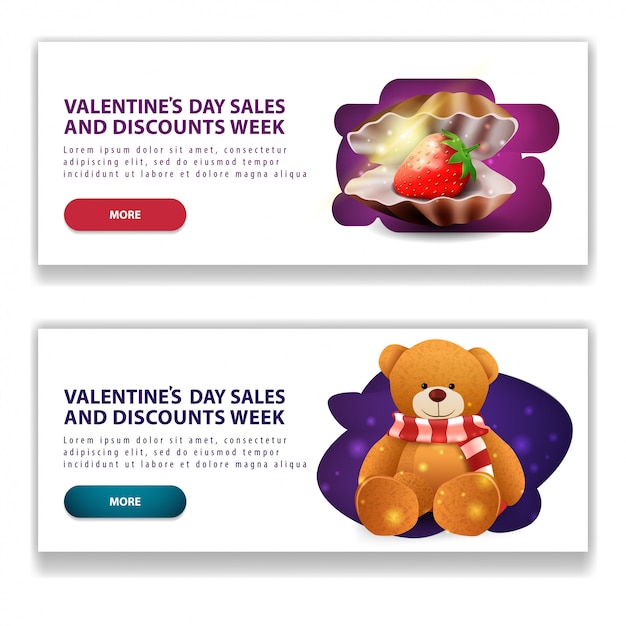 Vector banners modernos blancos de san valentín con botón, concha de perla y oso de peluche.