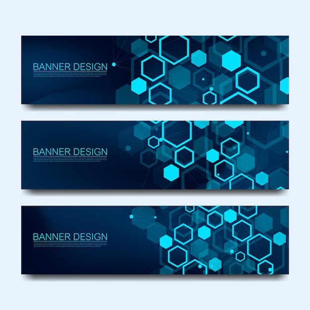 Banners de moléculas abstractas con líneas, puntos, círculos, polígonos. fondo de comunicación de red de diseño vectorial. concepto de tecnología de ciencia digital futurista para plantilla de banner web o folleto.