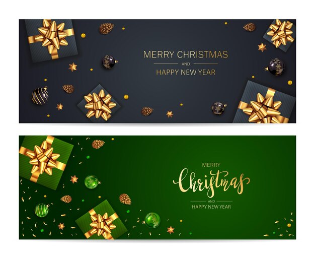 Banners de Navidad negros y verdes con bolas, piñas, abalorios, regalos navideños con lazo dorado y estrellas brillantes. La ilustración se puede utilizar para diseños navideños, carteles, tarjetas, sitios web y encabezados.