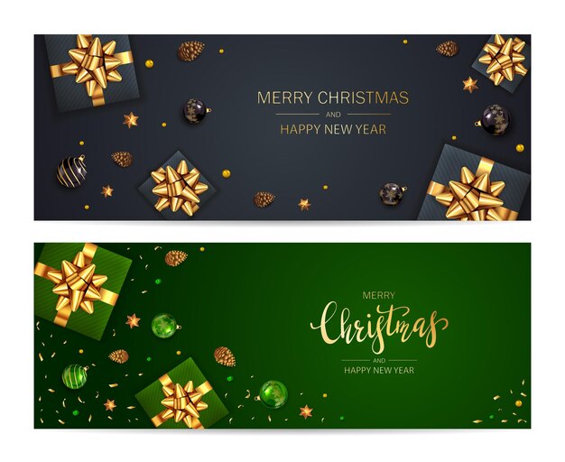 Banners de navidad negros y verdes con bolas, piñas, abalorios, regalos navideños con lazo dorado y estrellas brillantes. la ilustración se puede utilizar para diseños navideños, carteles, tarjetas, sitios web y encabezados.