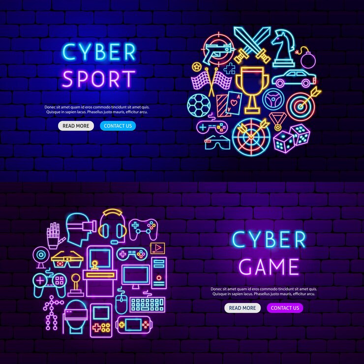 Vector banners de neón de cyber game. ilustración de vector de promoción informática.