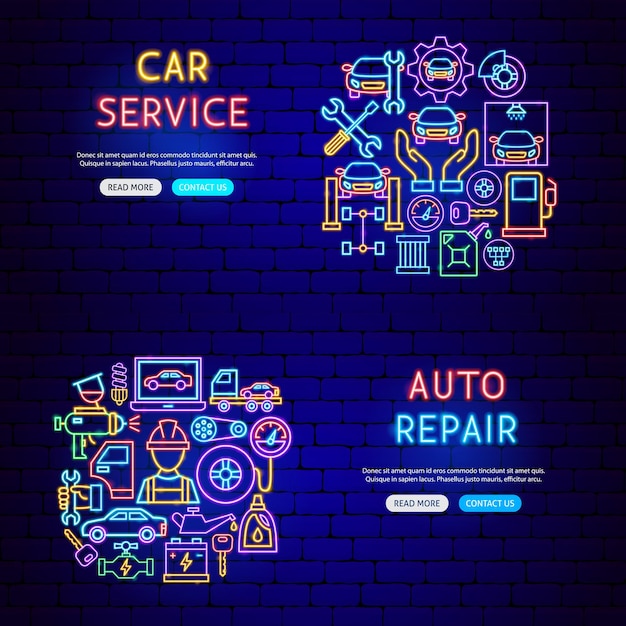Banners de neón de reparación de automóviles Ilustración vectorial de la promoción del servicio de automóviles