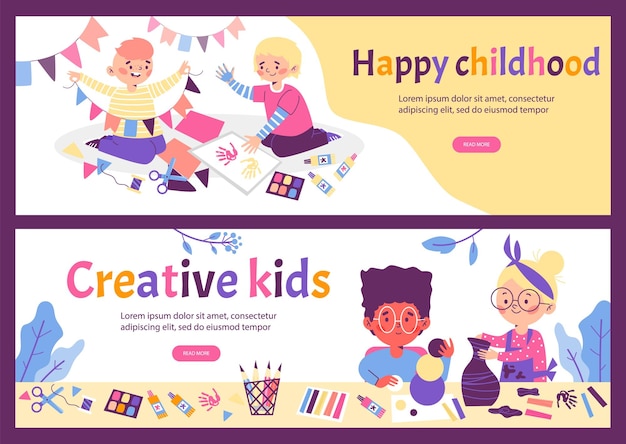 Vector banners con niños felices creativos haciendo manualidades ilustración vectorial plana