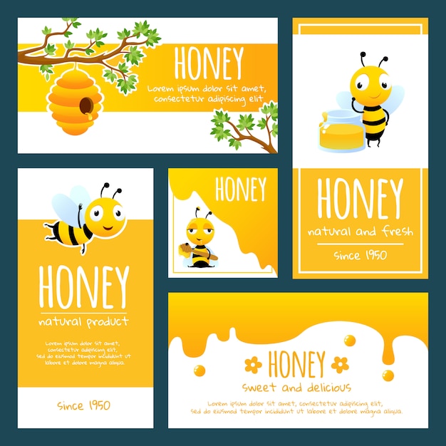 Vector banners o plantillas de tarjetas de abejas y miel