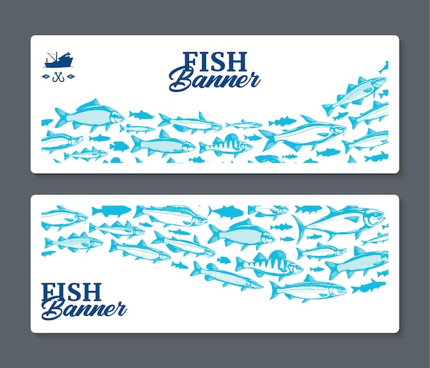 Banners o volantes horizontales de peces vectoriales