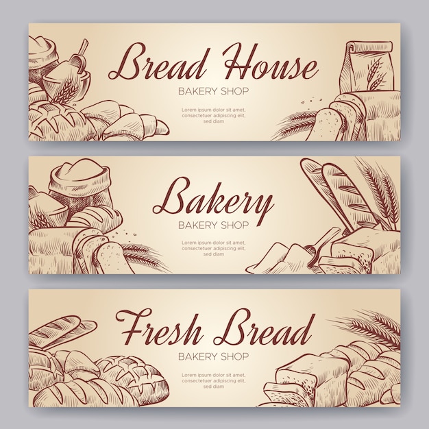 Banners de panadería. Dibujado a mano cocinar pan panadería bagel panes hojaldre centeno hornear hornear pan integral de centeno conjunto de banner culinario