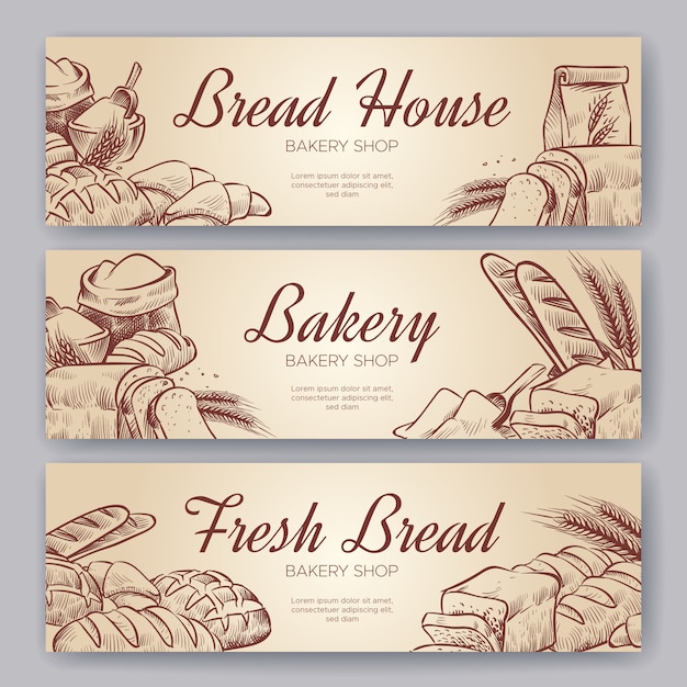 Vector banners de panadería. dibujado a mano cocinar pan panadería bagel panes hojaldre centeno hornear hornear pan integral de centeno conjunto de banner culinario