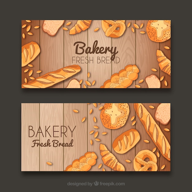 Banners de panadería con pasteles y pan