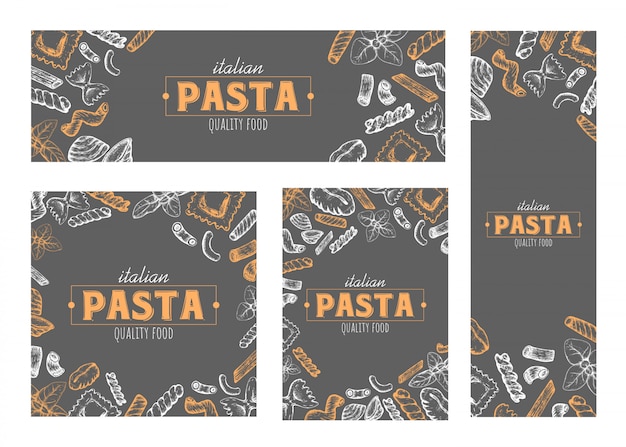 Banners de pasta, diseño de tarjetas, diseño de elementos de pasta dibujados a mano, conjunto de varios formatos.