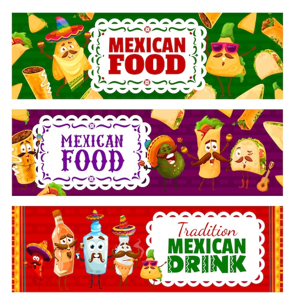 Vector banners de personajes de comida y bebida mexicana de dibujos animados