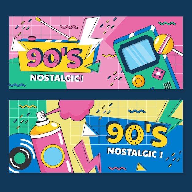 Vector banners planos nostálgicos de los 90