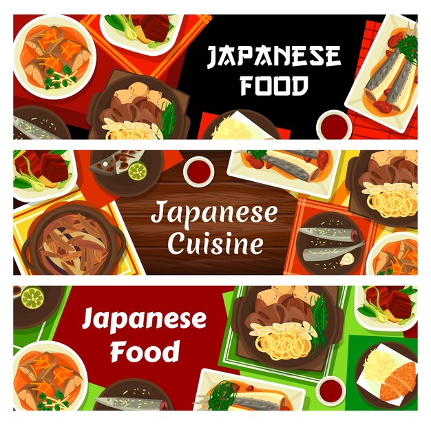 Banners de platos de comida de restaurante de menú de comida japonesa