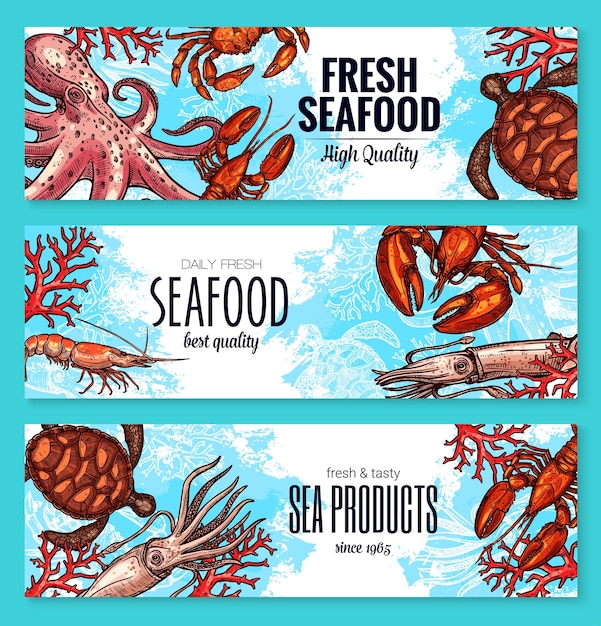 Banners de productos marinos de mariscos y pescados vectoriales