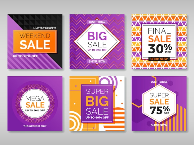 Vector banners promocionales de venta para redes sociales.