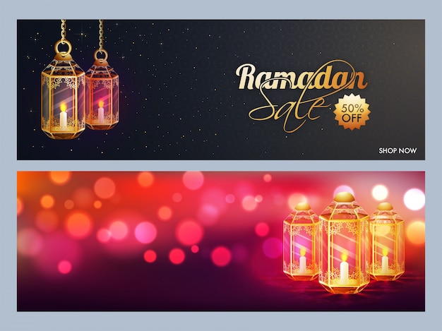 Vector banners de ramadan con descuento y efecto bokeh