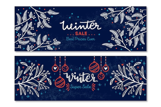 Vector banners de rebajas de invierno dibujados a mano