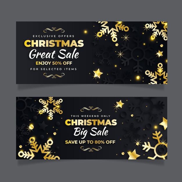 Vector banners de rebajas de navidad doradas