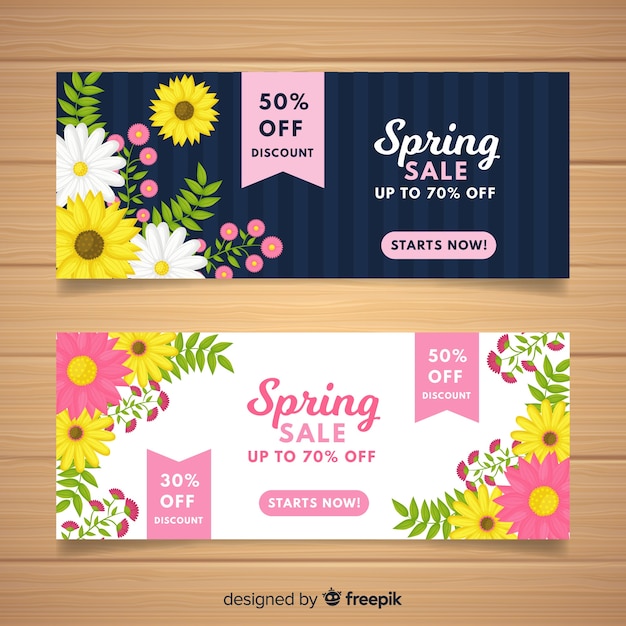 Vector banners de rebajas de primavera en diseño plano