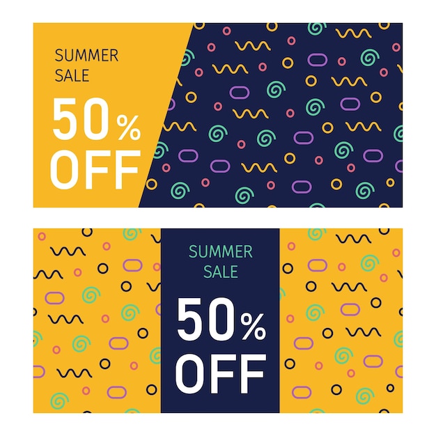 Vector banners de rebajas de verano con elementos de memphis