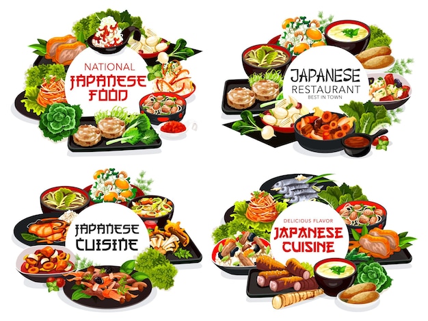 Banners redondos de comidas de restaurante de cocina japonesa.