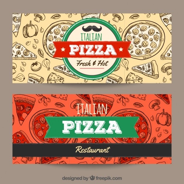 Banners de restaurante italiano con bocetos de pizzas