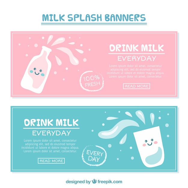 Banners de salpicaduras de leche en diseño plano