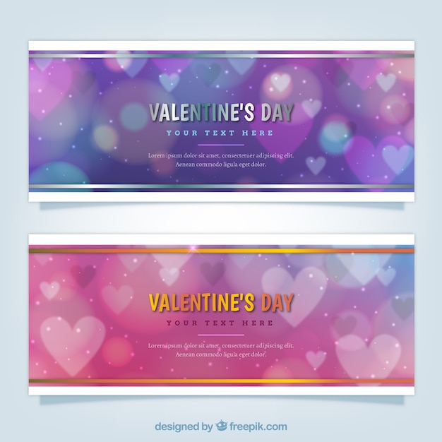 Vector banners de san valentín borrosos con efecto bokeh