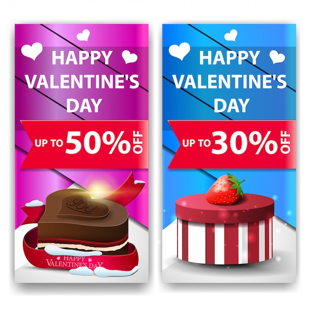 Vector banners de san valentín con golosinas y regalos.