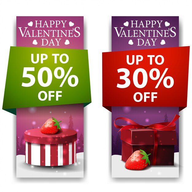 Banners de San Valentín con regalos y fresa.