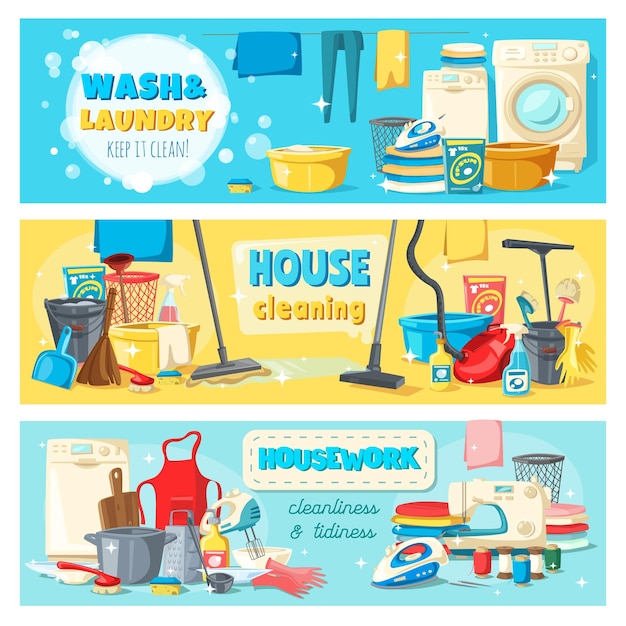 Banners de servicios domésticos de herramientas de limpieza de lavandería