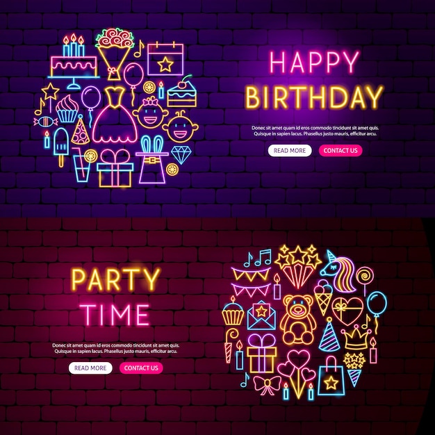 Banners de sitios web de feliz cumpleaños. ilustración de vector de promoción de fiestas.