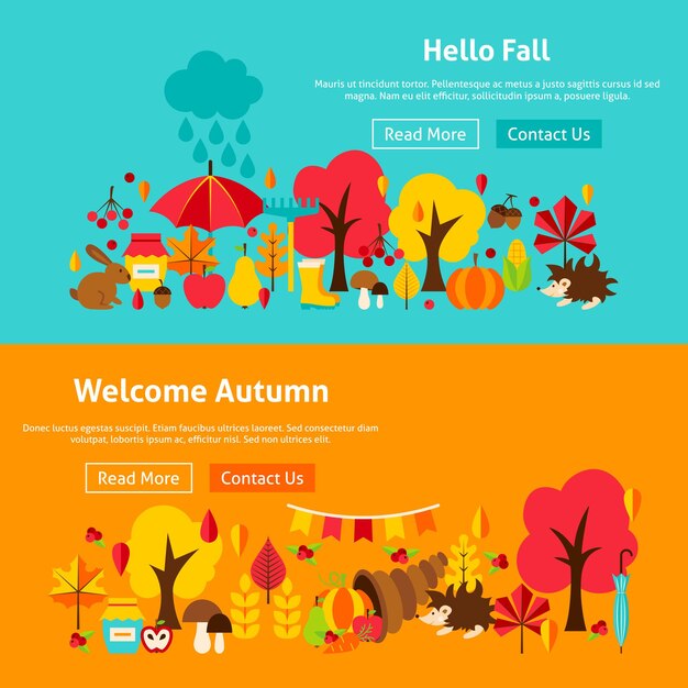 Banners de sitios web de otoño. Ilustración vectorial de stock del concepto estacional de otoño.