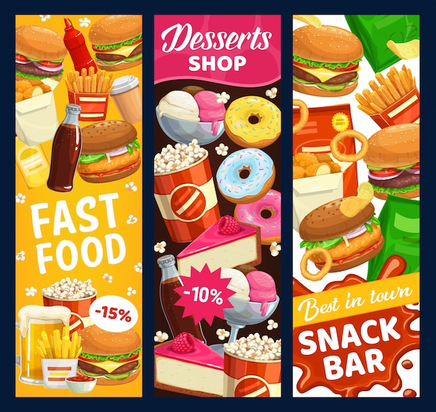Banners de snack bar y postres de comida rápida. comida callejera: hamburguesas, rosquillas y palomitas de maíz, cerveza, papas fritas y refrescos. nuggets de pollo, hamburguesa con queso y helado menú de comida rápida para llevar