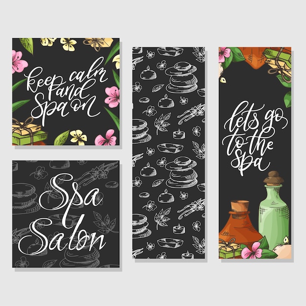 Vector banners de spa dibujados a mano en estilo boceto diseño para tienda spa salón de belleza y etc cosméticos naturales
