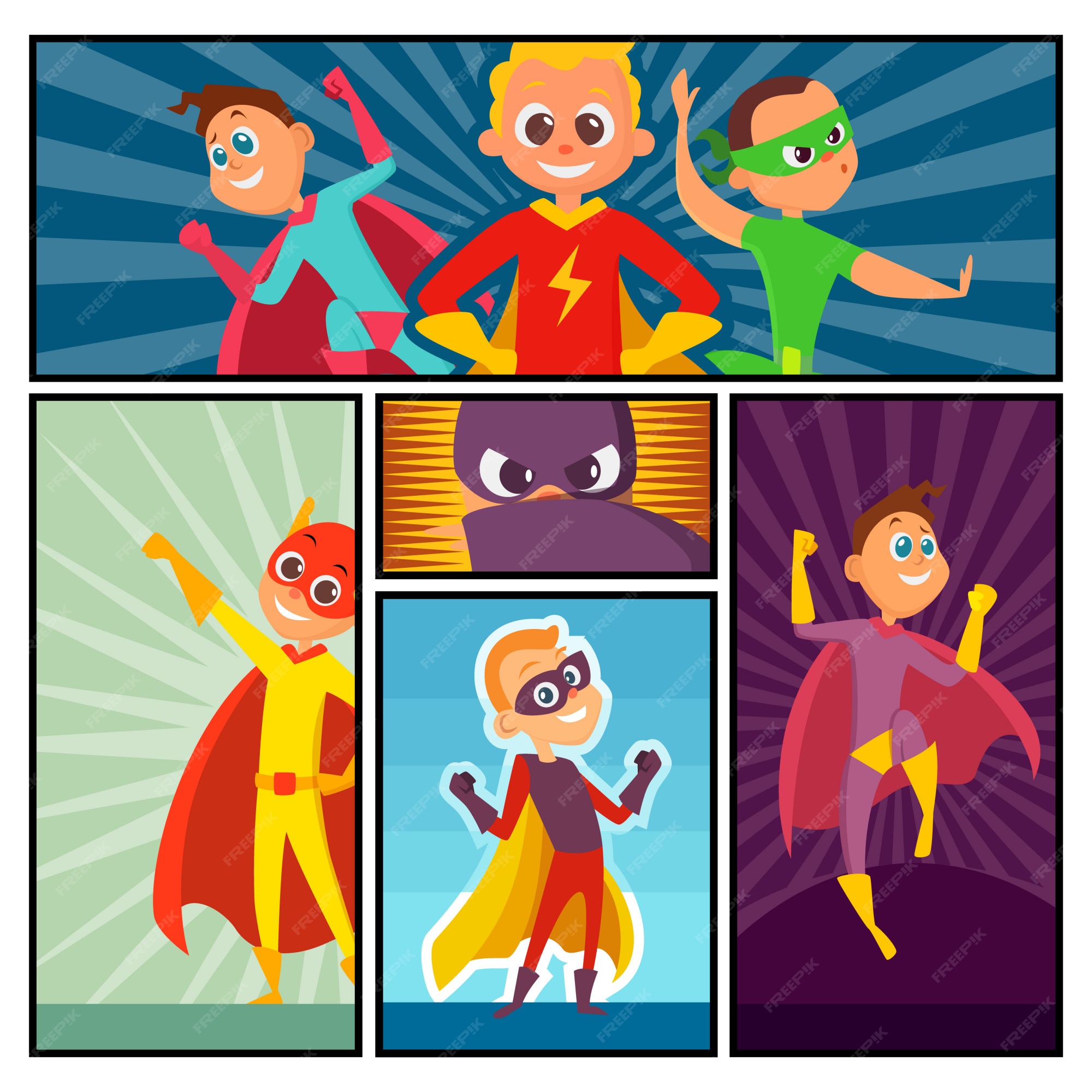 Banners de superhéroes niños héroes personajes en acción plantea cómic  súper personas mascota de dibujos animados de color | Vector Premium