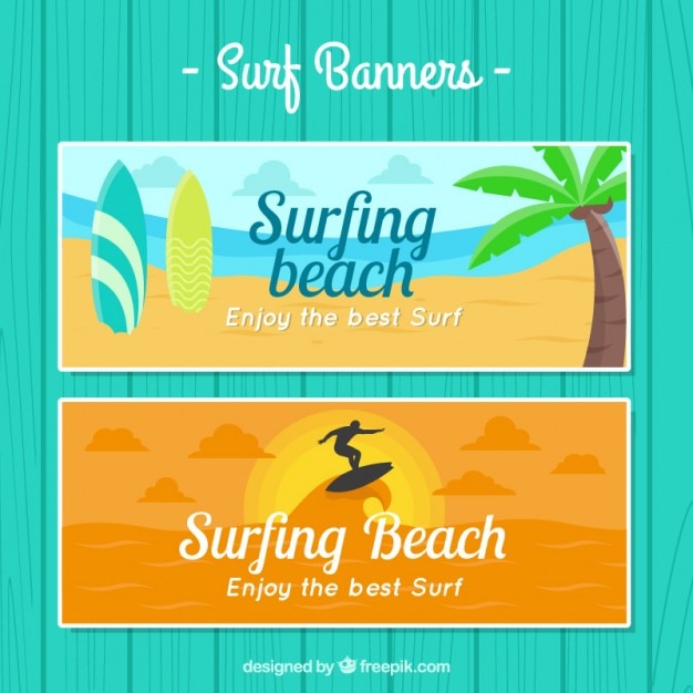 Vector banners surferos de paisaje de playa