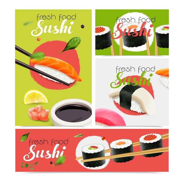 Banners de sushi fresco realista con símbolos de mariscos aislados ilustración