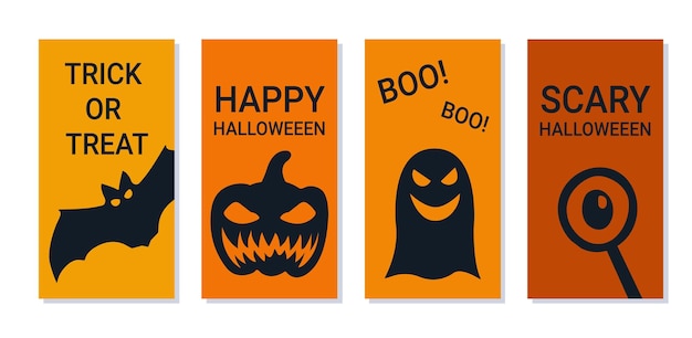 Banners temáticos de Halloween con siluetas simples y etiquetas de redes sociales Colores naranja Vector ilu