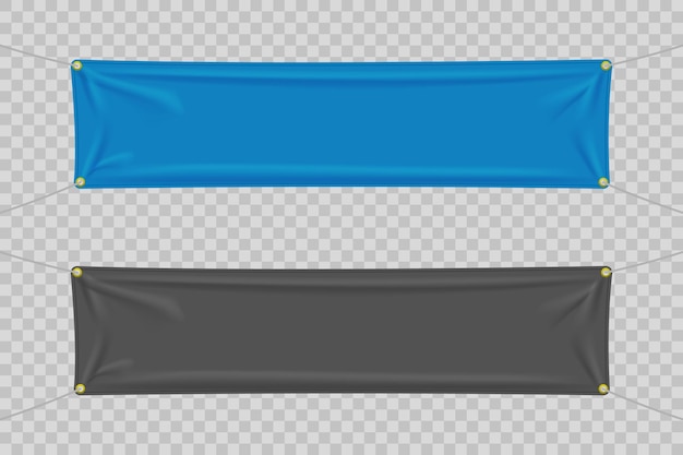 Banners textiles negros y azules con pliegues.