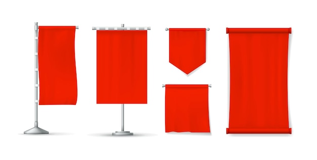 Banners textiles rojos realistas establecidos Banners de tela de algodón banderas en blanco carteles publicitarios de varias formas en un fondo transparente Vector publicitario realista de maqueta aislado